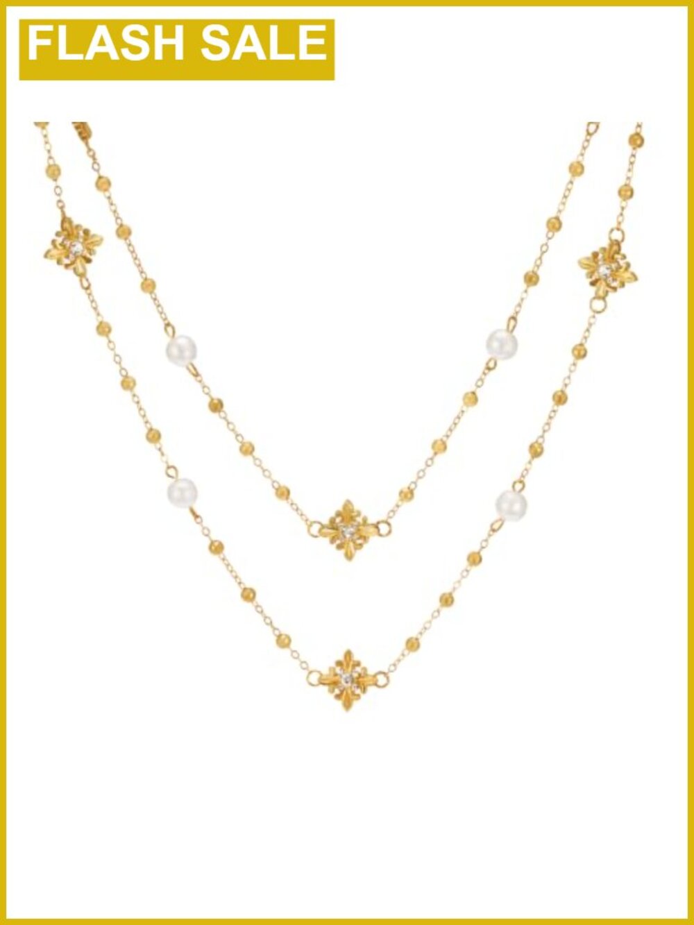 Long Layered Pearl Necklace Iris Flower Zircon Gold Bead Statement Jewelry